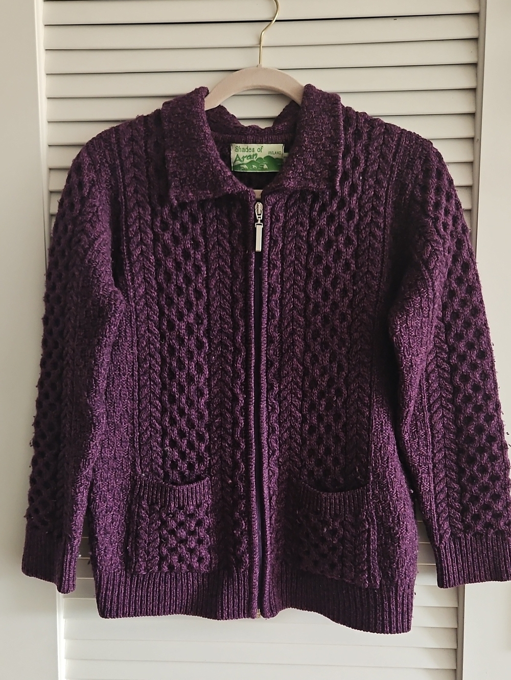 Shades of Aran Ireland Small zip up hand knit cable sweater